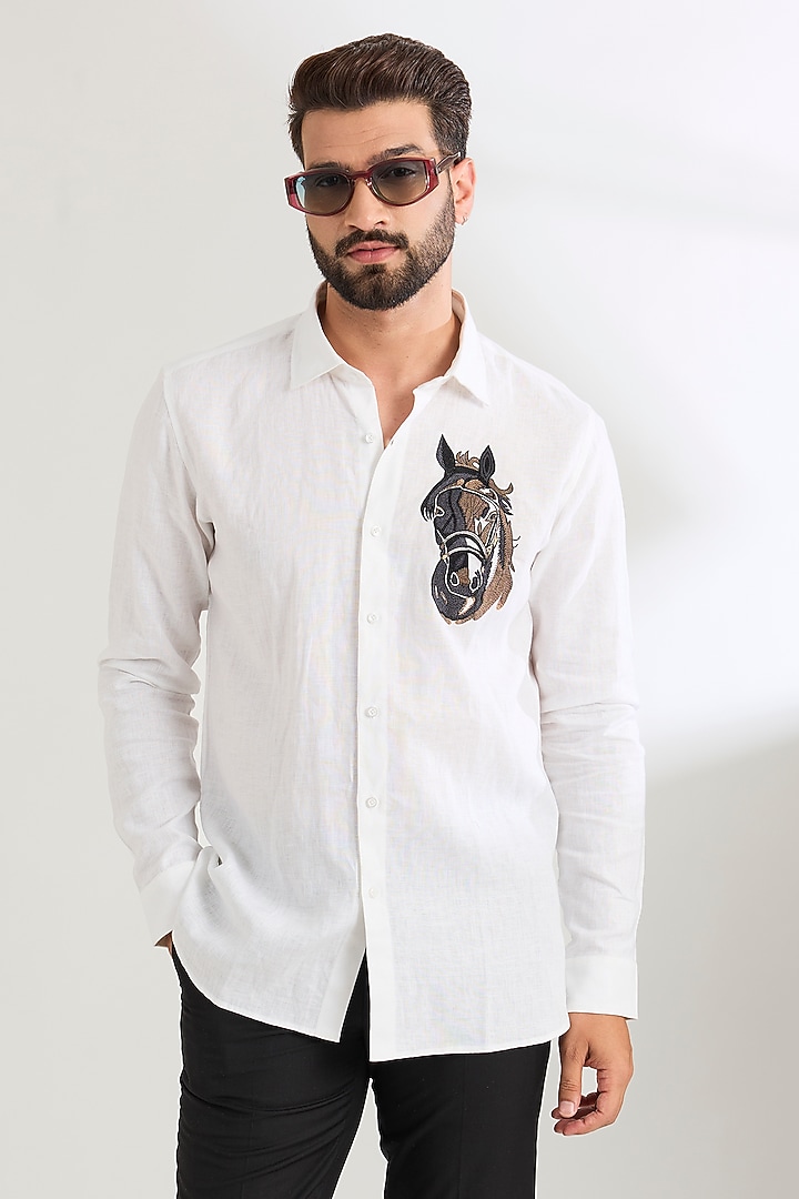 White Linen Party Wear Shirt by Wendell Rodricks Men at Pernia's Pop Up Shop