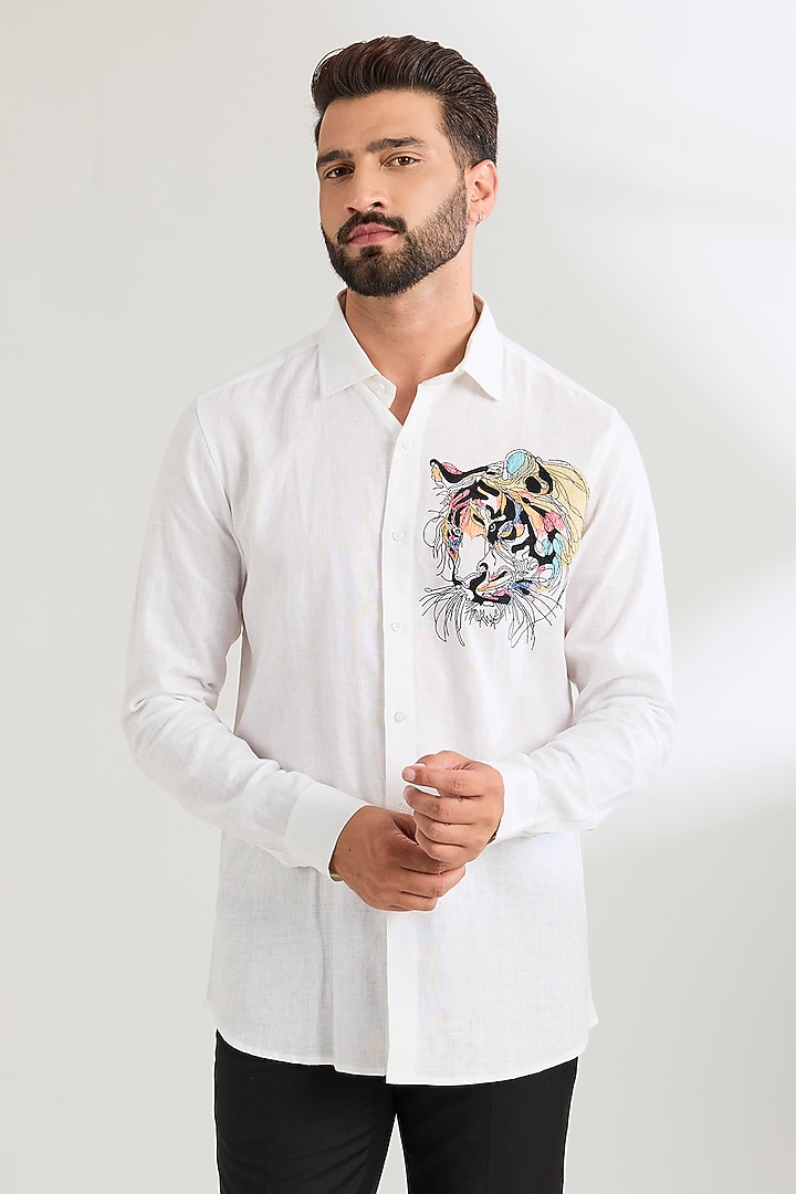 White Linen Party Wear Shirt by Wendell Rodricks Men at Pernia's Pop Up Shop