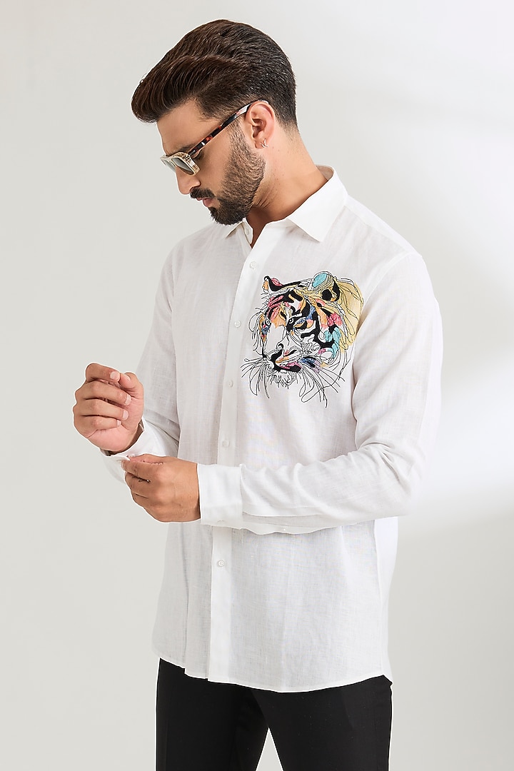 White Linen Party Wear Shirt by Wendell Rodricks Men at Pernia's Pop Up Shop