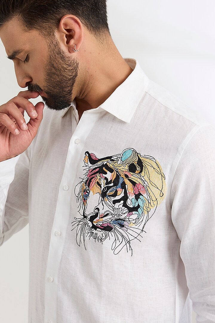 White Linen Party Wear Shirt by Wendell Rodricks Men at Pernia's Pop Up Shop