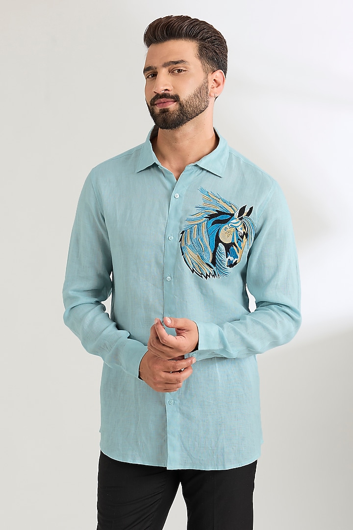 Pale Blue Linen Party Wear Shirt by Wendell Rodricks Men at Pernia's Pop Up Shop
