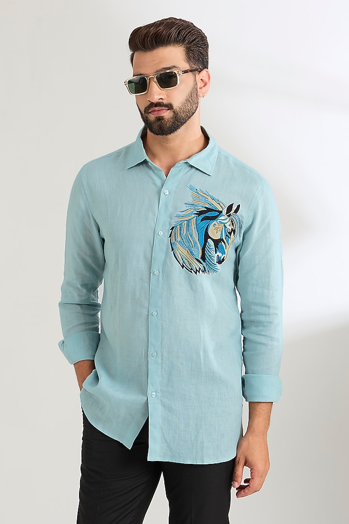 Pale Blue Linen Party Wear Shirt by Wendell Rodricks Men at Pernia's Pop Up Shop