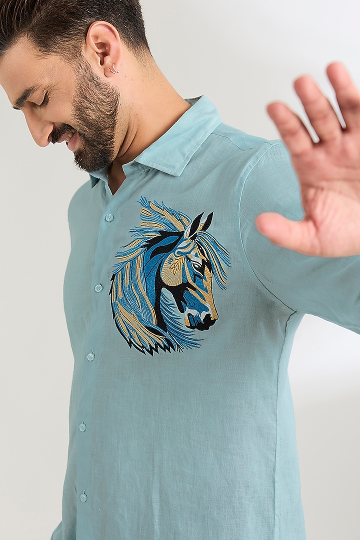 Pale Blue Linen Party Wear Shirt by Wendell Rodricks Men at Pernia's Pop Up Shop