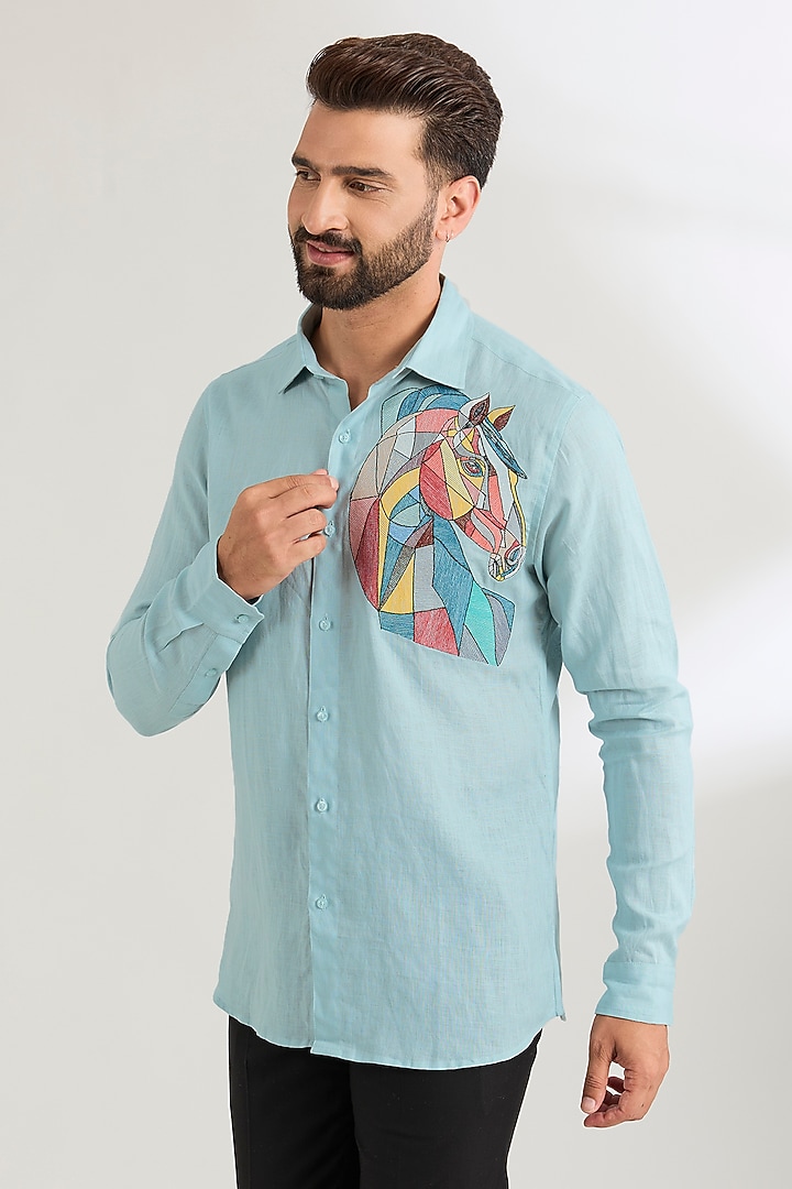 Pale Blue Linen Party Wear Shirt by Wendell Rodricks Men at Pernia's Pop Up Shop