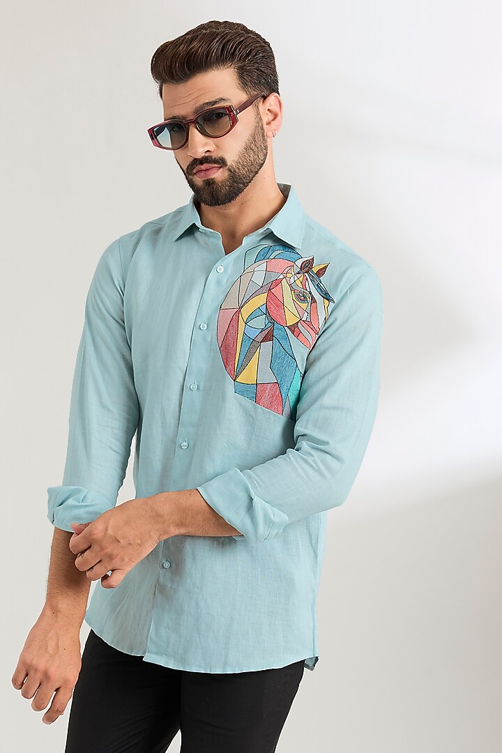 Pale Blue Linen Party Wear Shirt by Wendell Rodricks Men at Pernia's Pop Up Shop