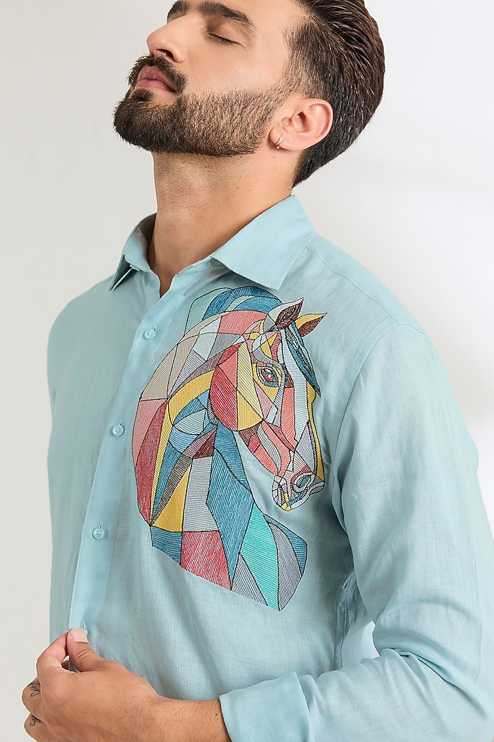 Pale Blue Linen Party Wear Shirt by Wendell Rodricks Men at Pernia's Pop Up Shop