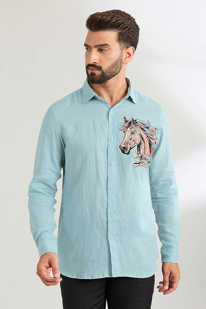 Pale Blue Linen Party Wear Shirt by Wendell Rodricks Men at Pernia's Pop Up Shop