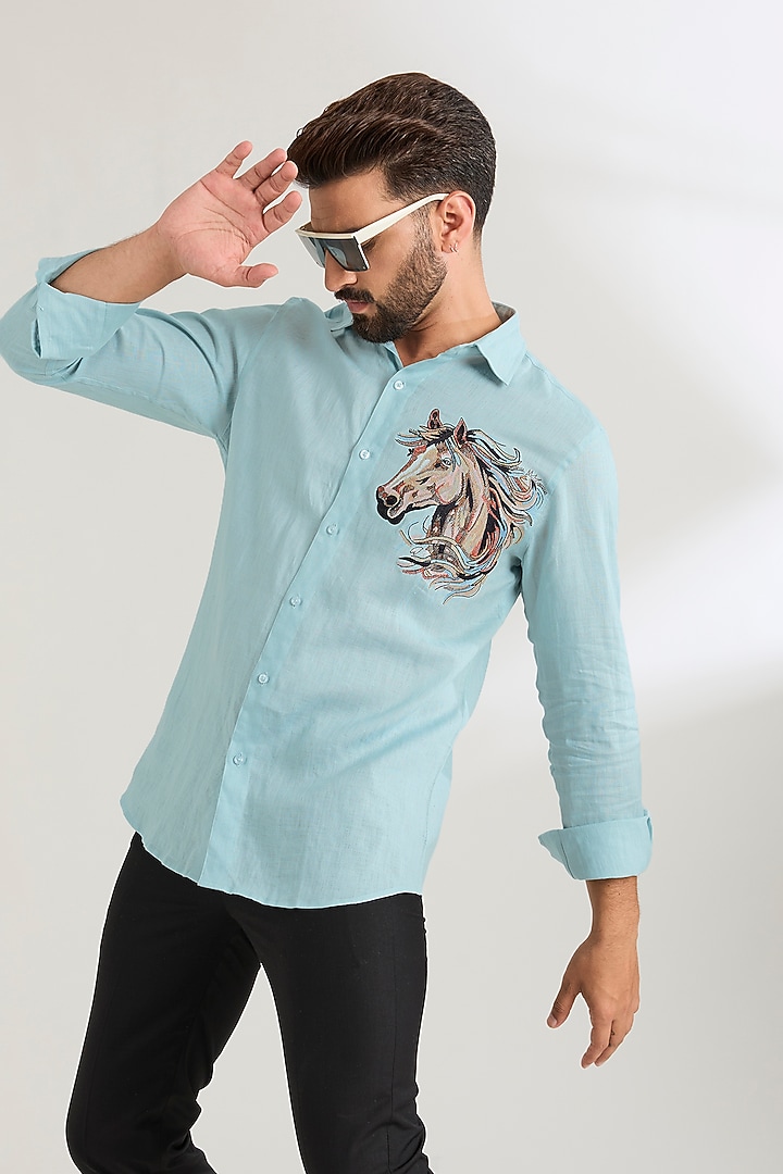 Pale Blue Linen Party Wear Shirt by Wendell Rodricks Men at Pernia's Pop Up Shop