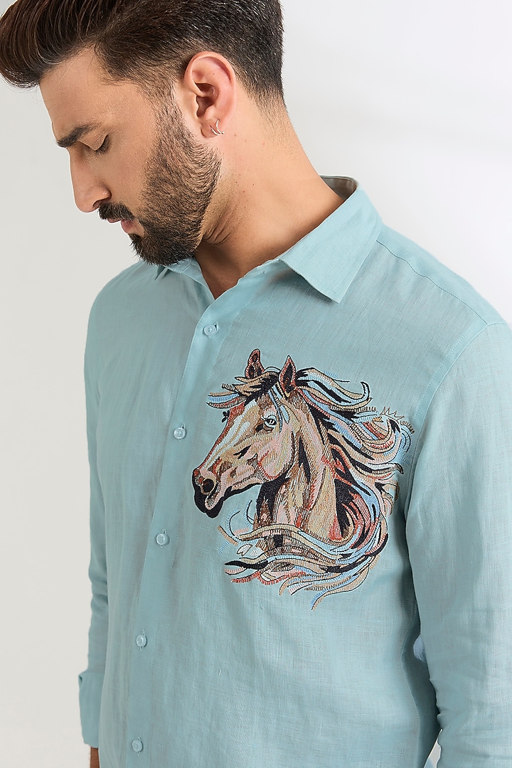 Pale Blue Linen Party Wear Shirt by Wendell Rodricks Men at Pernia's Pop Up Shop