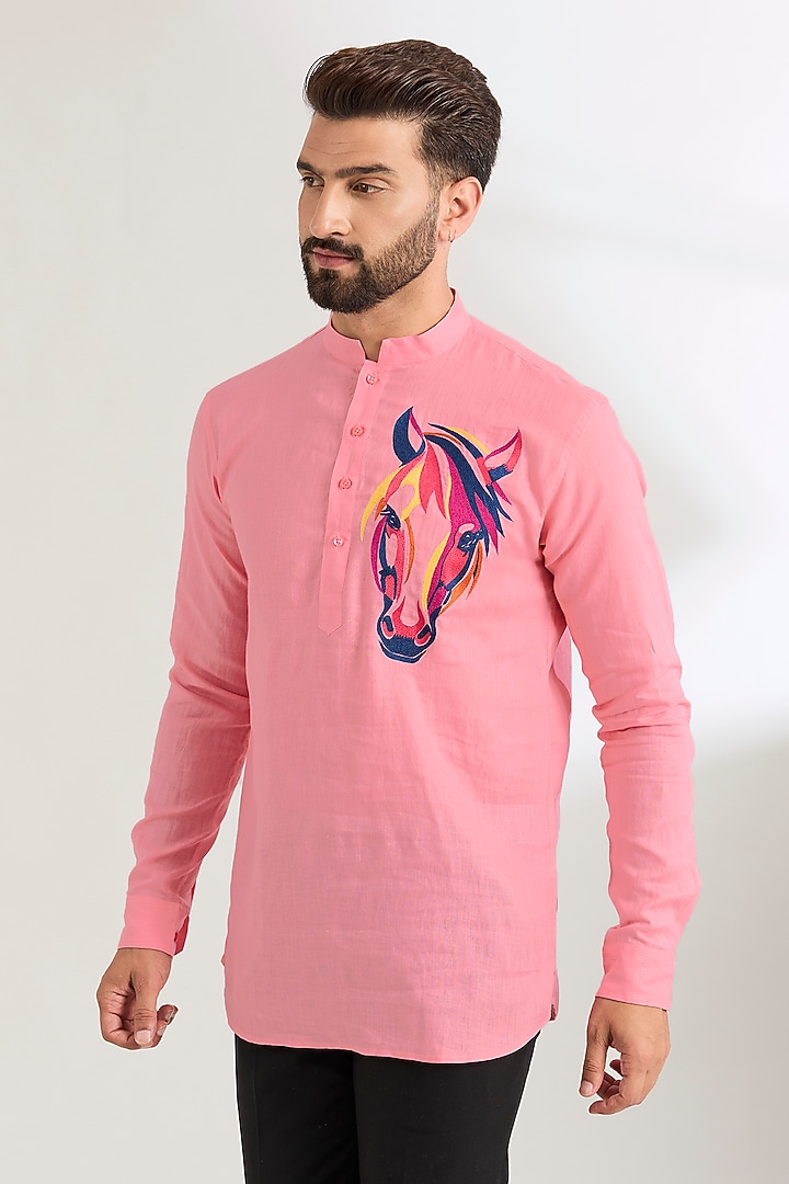 Pink Linen Party Wear Shirt by Wendell Rodricks Men at Pernia's Pop Up Shop