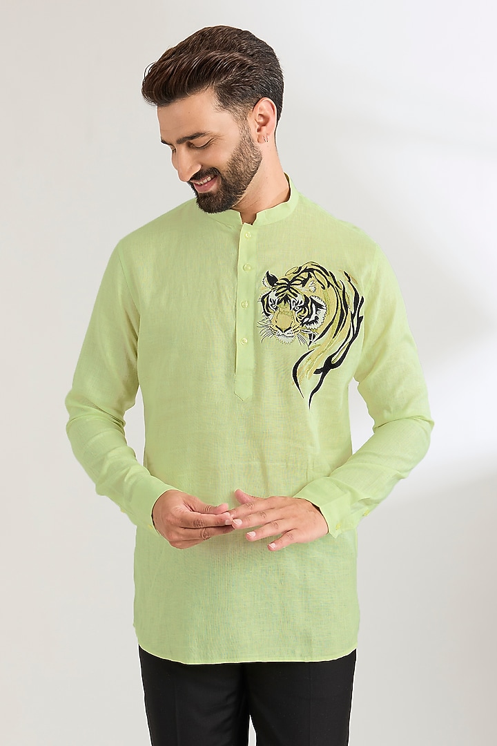 Lettuce Green Linen Party Wear Shirt by Wendell Rodricks Men at Pernia's Pop Up Shop