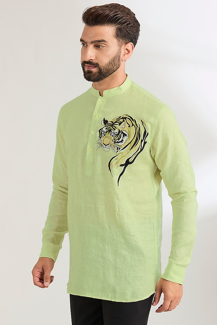 Lettuce Green Linen Party Wear Shirt by Wendell Rodricks Men at Pernia's Pop Up Shop