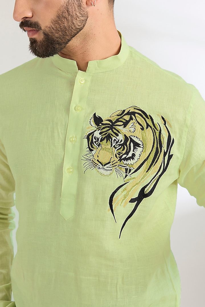 Lettuce Green Linen Party Wear Shirt by Wendell Rodricks Men at Pernia's Pop Up Shop