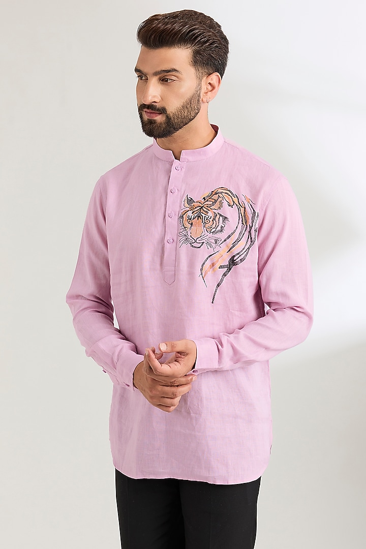 Lavender Linen Party Wear Shirt by Wendell Rodricks Men at Pernia's Pop Up Shop