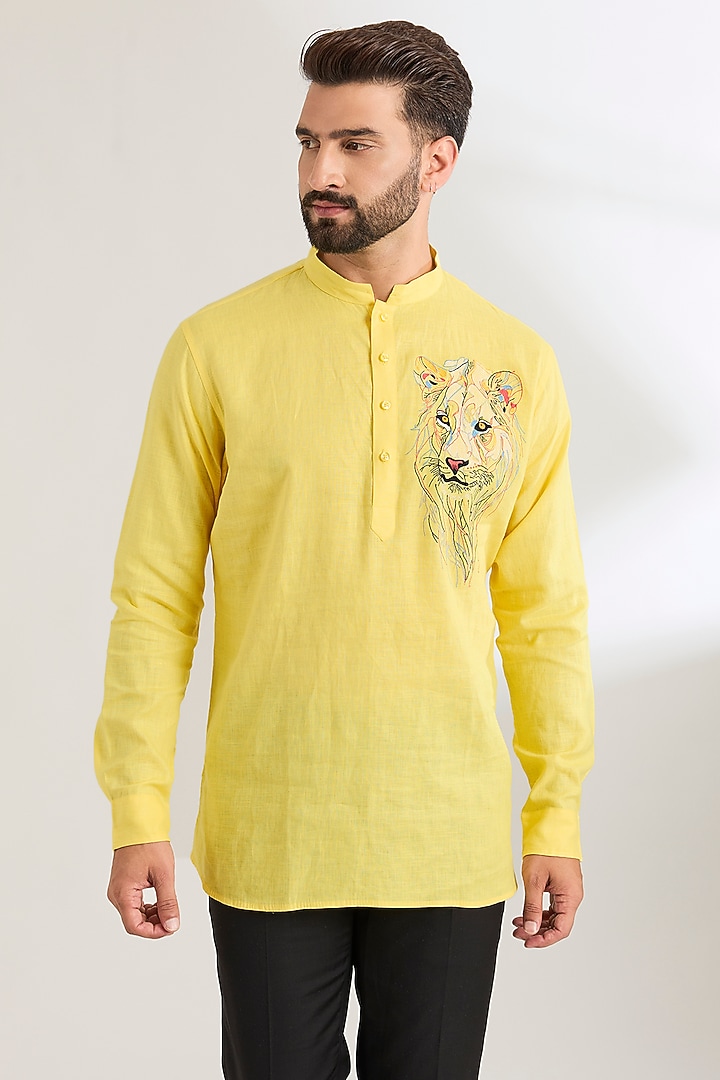 Light Yellow Linen Party Wear Shirt by Wendell Rodricks Men at Pernia's Pop Up Shop