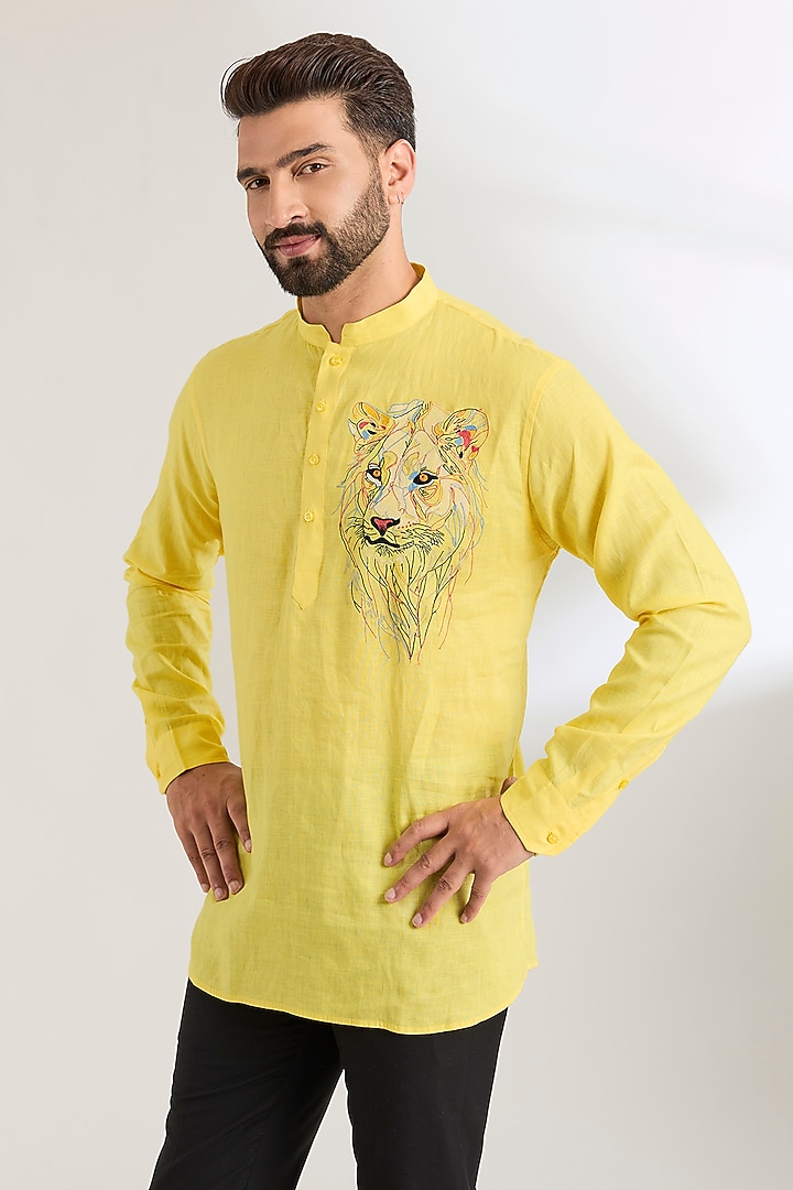 Light Yellow Linen Party Wear Shirt by Wendell Rodricks Men at Pernia's Pop Up Shop