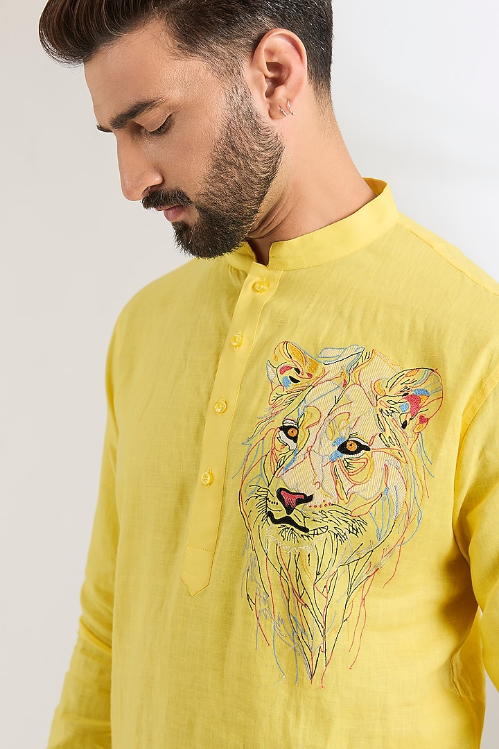 Light Yellow Linen Party Wear Shirt by Wendell Rodricks Men at Pernia's Pop Up Shop