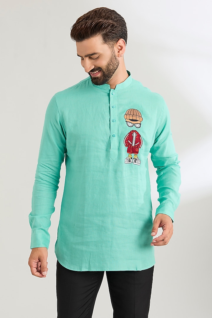 Mint Linen Party Wear Shirt by Wendell Rodricks Men at Pernia's Pop Up Shop