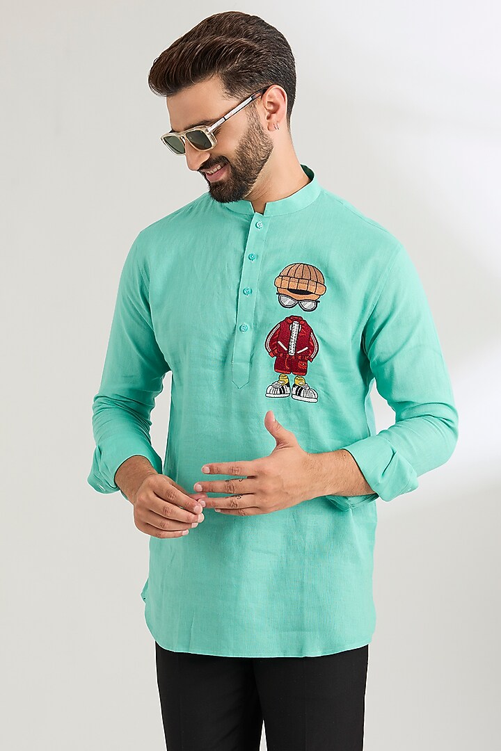 Mint Linen Party Wear Shirt by Wendell Rodricks Men at Pernia's Pop Up Shop