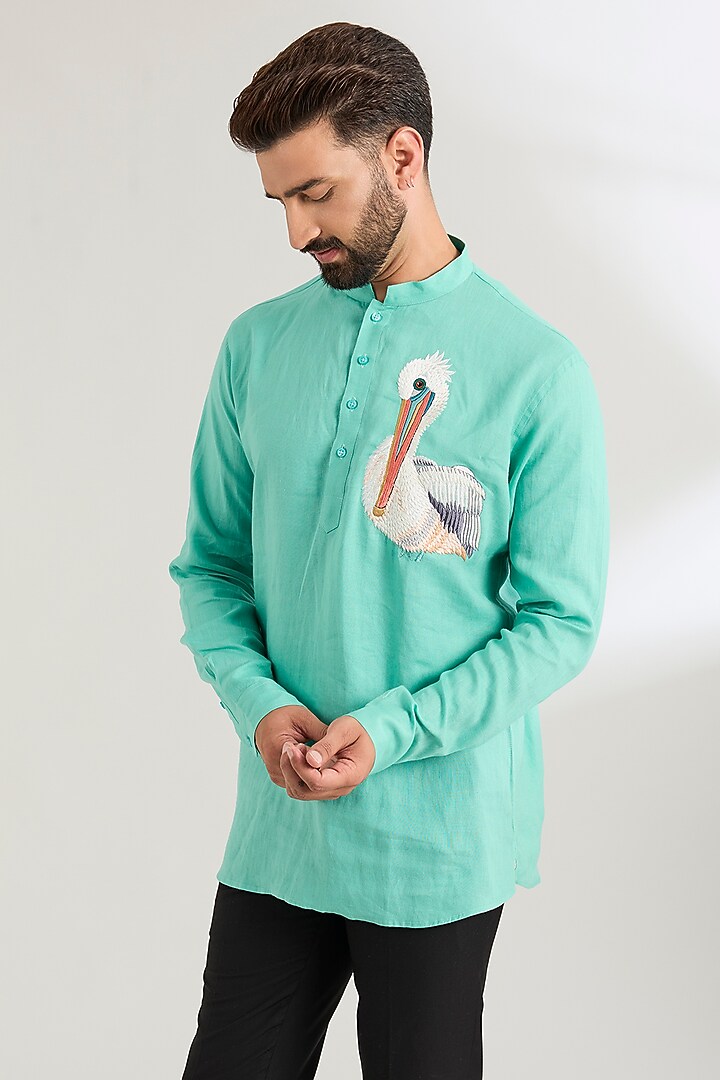 Mint Linen Party Wear Shirt by Wendell Rodricks Men at Pernia's Pop Up Shop