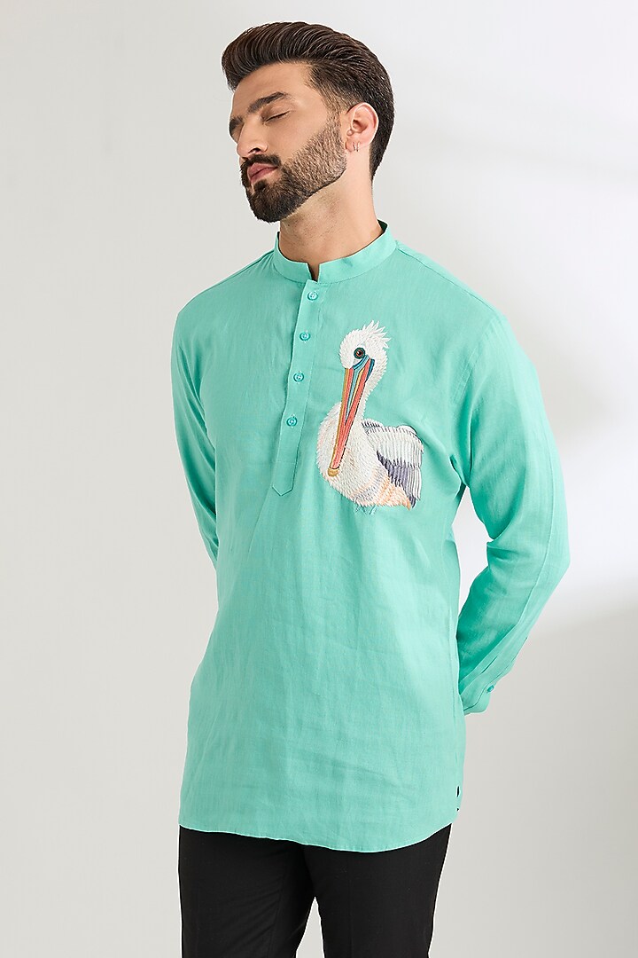 Mint Linen Party Wear Shirt by Wendell Rodricks Men at Pernia's Pop Up Shop