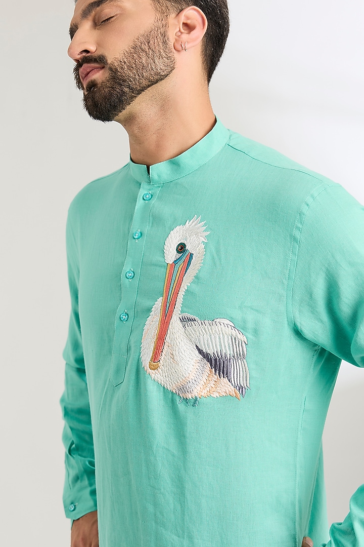 Mint Linen Party Wear Shirt by Wendell Rodricks Men at Pernia's Pop Up Shop