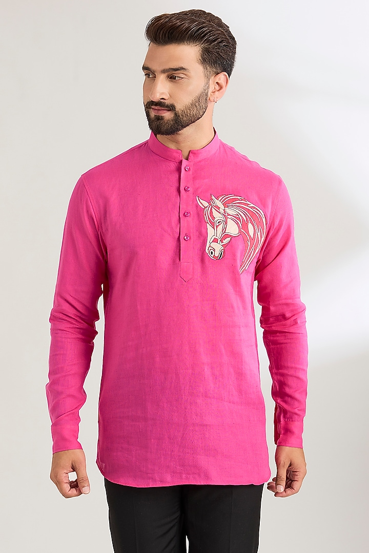 Fuchsia Linen Party Wear Shirt by Wendell Rodricks Men at Pernia's Pop Up Shop