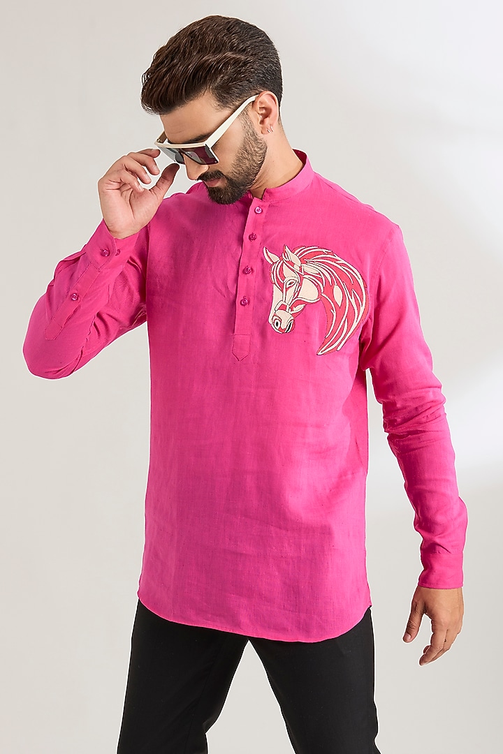 Fuchsia Linen Party Wear Shirt by Wendell Rodricks Men at Pernia's Pop Up Shop