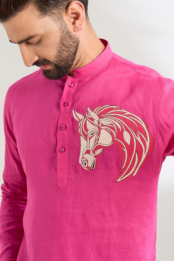 Fuchsia Linen Party Wear Shirt by Wendell Rodricks Men at Pernia's Pop Up Shop
