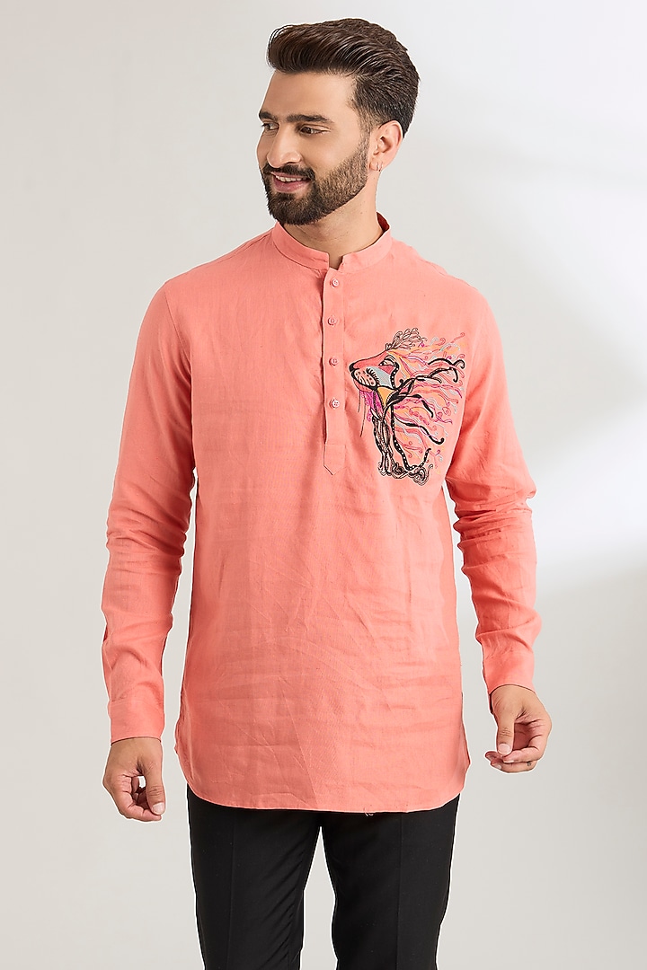 Peach Linen Party Wear Shirt by Wendell Rodricks Men at Pernia's Pop Up Shop