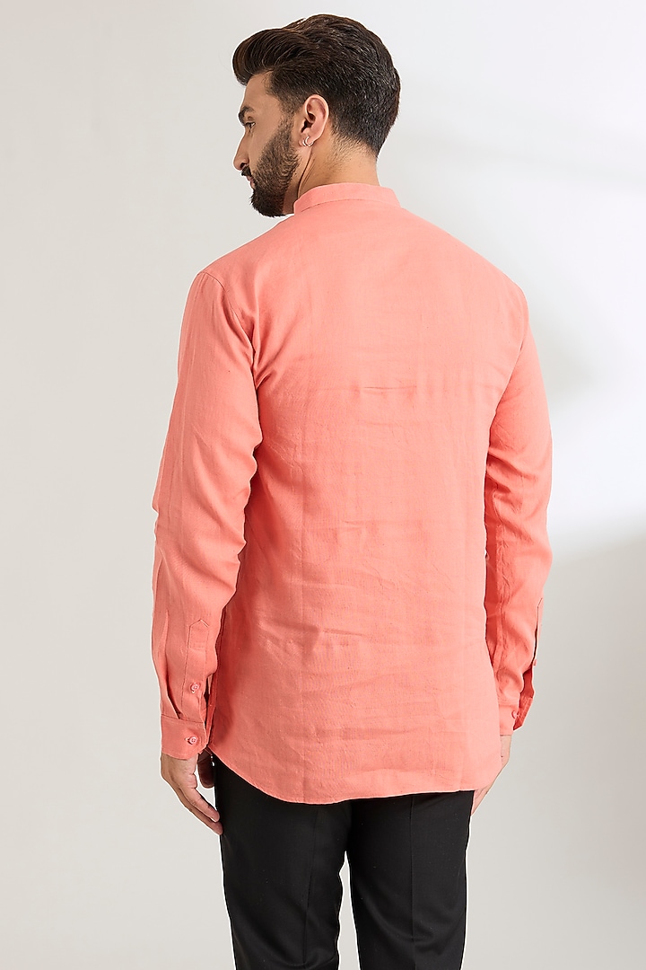 Peach Linen Party Wear Shirt by Wendell Rodricks Men at Pernia's Pop Up Shop