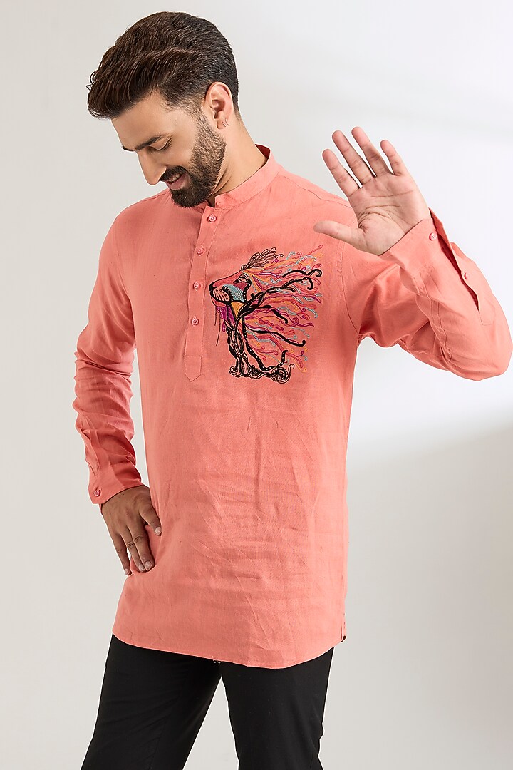 Peach Linen Party Wear Shirt by Wendell Rodricks Men at Pernia's Pop Up Shop
