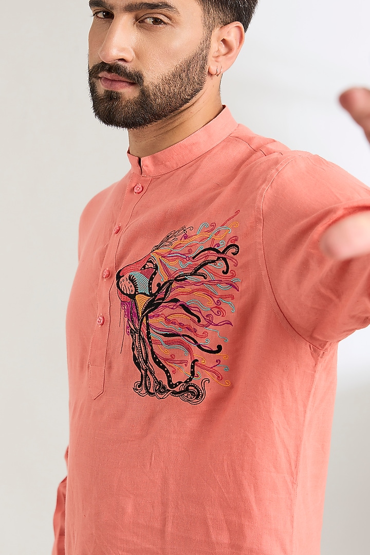 Peach Linen Party Wear Shirt by Wendell Rodricks Men at Pernia's Pop Up Shop