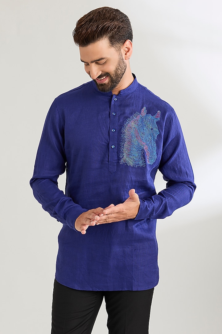 Irish Blue Linen Party Wear Shirt by Wendell Rodricks Men at Pernia's Pop Up Shop