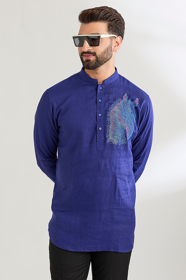 Irish Blue Linen Party Wear Shirt by Wendell Rodricks Men at Pernia's Pop Up Shop