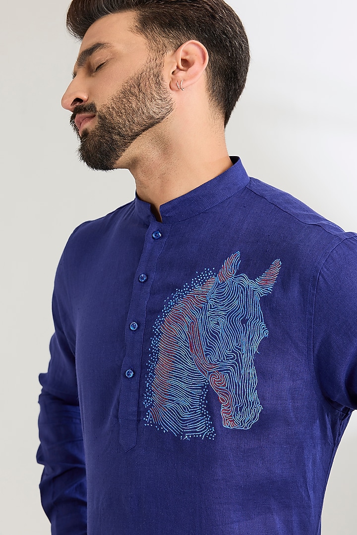 Irish Blue Linen Party Wear Shirt by Wendell Rodricks Men at Pernia's Pop Up Shop