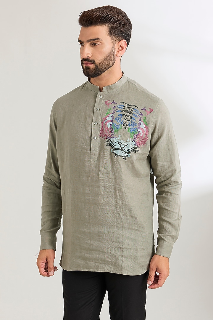 Grey Linen Party Wear Shirt by Wendell Rodricks Men at Pernia's Pop Up Shop