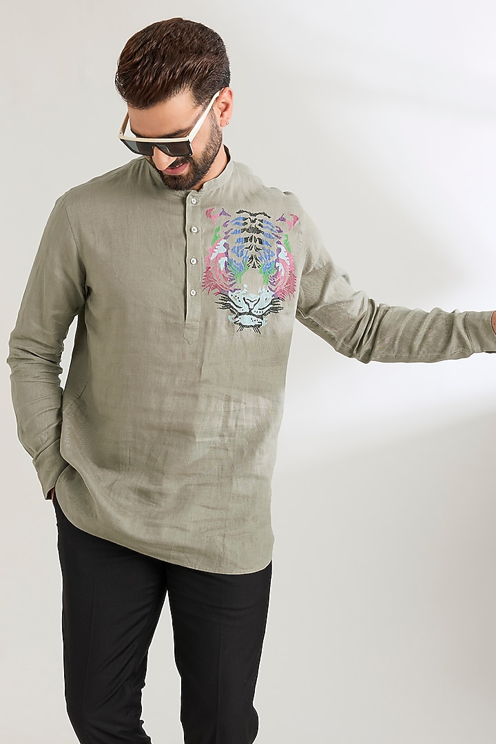 Grey Linen Party Wear Shirt by Wendell Rodricks Men at Pernia's Pop Up Shop