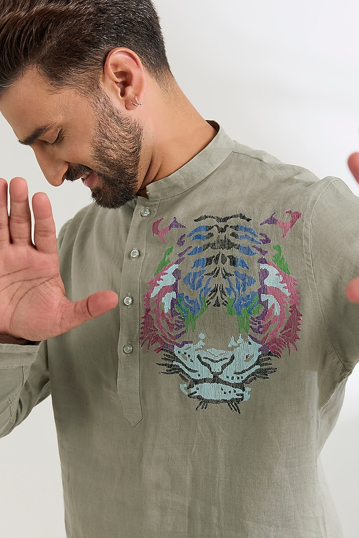 Grey Linen Party Wear Shirt by Wendell Rodricks Men at Pernia's Pop Up Shop