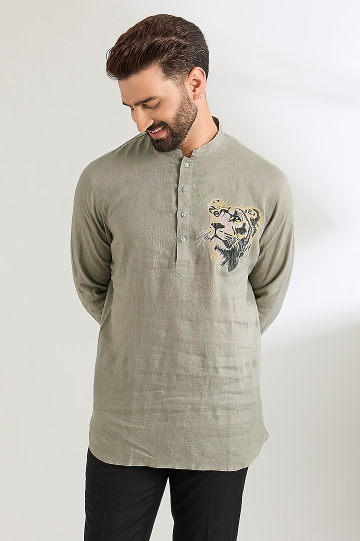 Grey Linen Party Wear Shirt by Wendell Rodricks Men at Pernia's Pop Up Shop