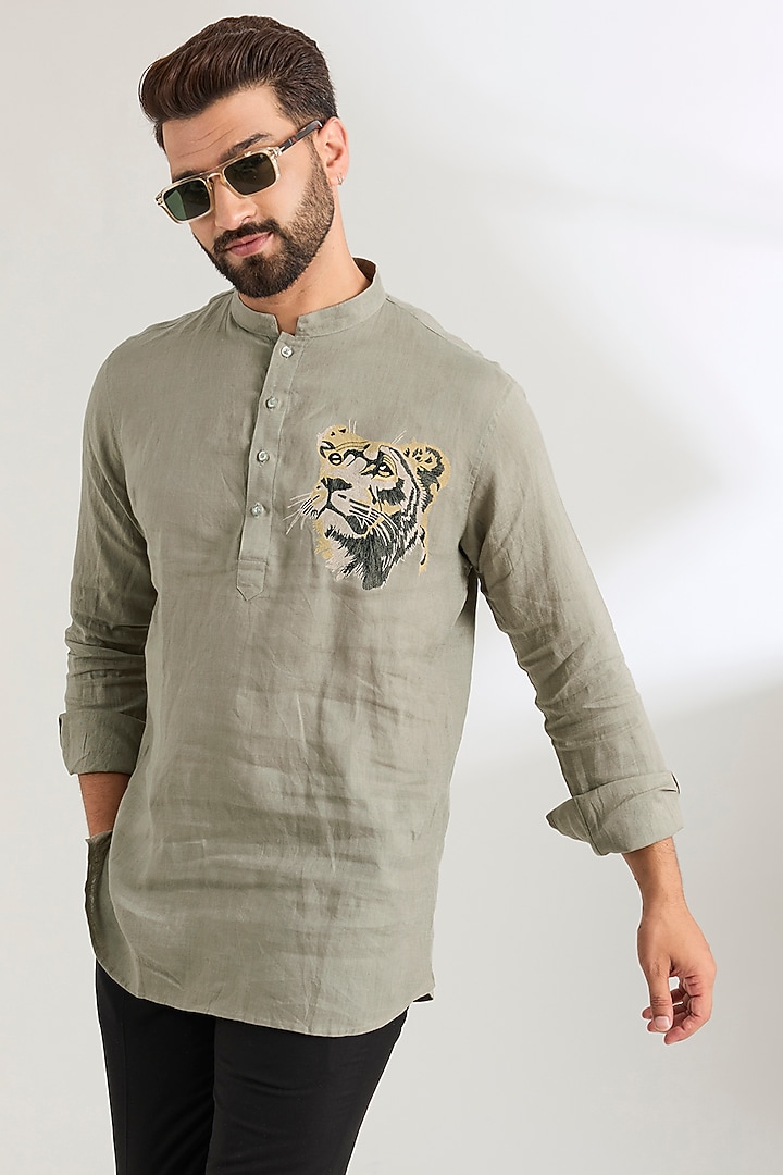 Grey Linen Party Wear Shirt by Wendell Rodricks Men at Pernia's Pop Up Shop