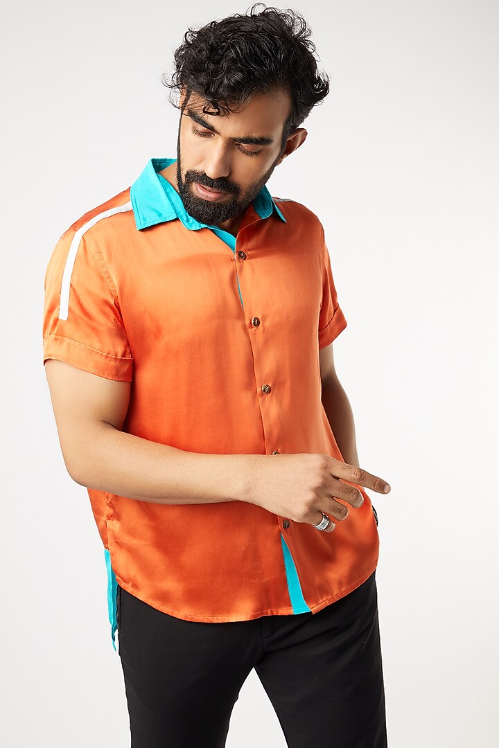 Orange Party Wear Shirt With Contrast Collar by Wendell Rodricks Men at Pernia's Pop Up Shop