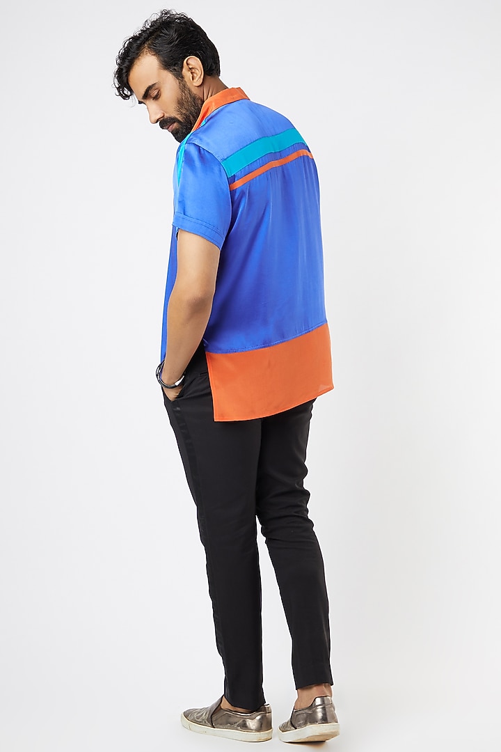 Cobalt Blue Party Wear Shirt With Contrast Collar by Wendell Rodricks Men at Pernia's Pop Up Shop