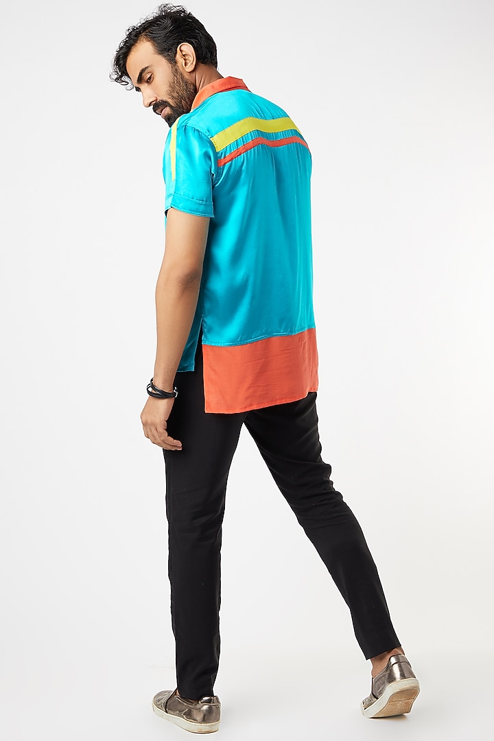 Turquoise Party Wear Shirt With Contrast Collar by Wendell Rodricks Men at Pernia's Pop Up Shop