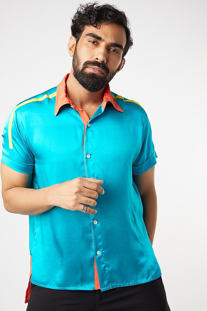 Turquoise Party Wear Shirt With Contrast Collar by Wendell Rodricks Men at Pernia's Pop Up Shop