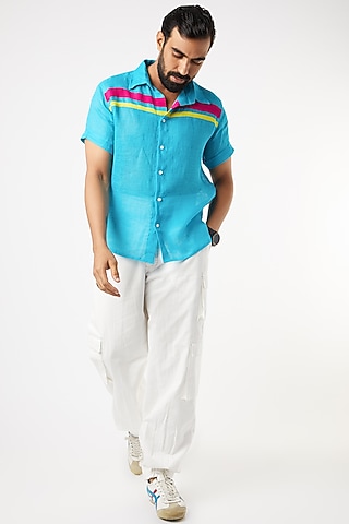 Blue Gauze Linen Shirt by Wendell Rodricks Men