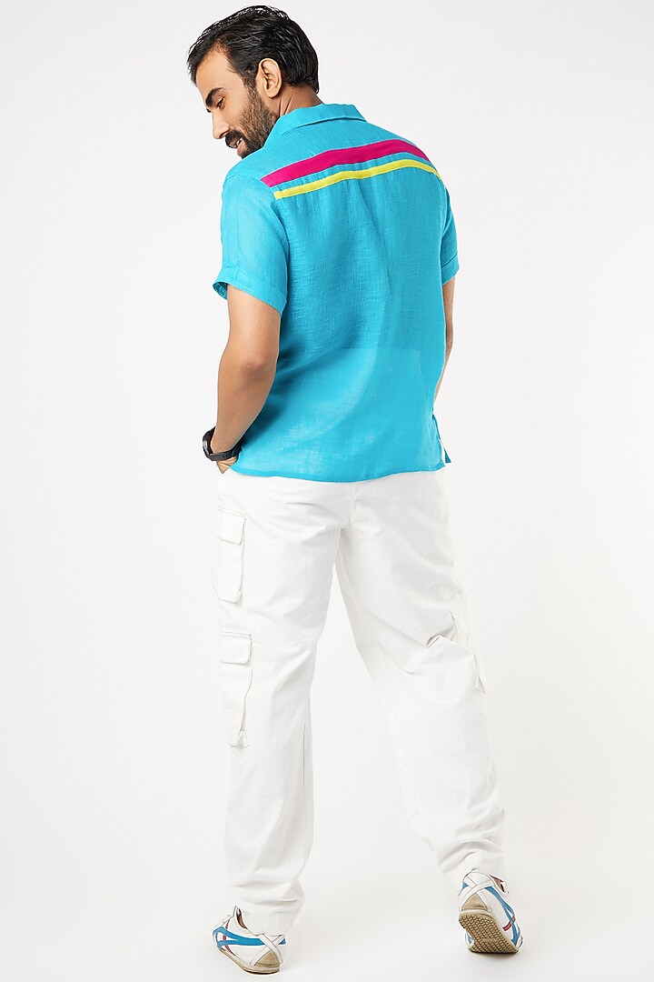 Blue Gauze Linen Party Wear Shirt by Wendell Rodricks Men at Pernia's Pop Up Shop
