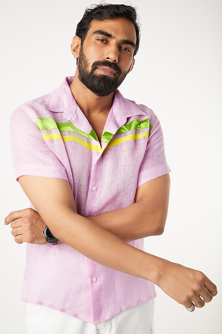 Lilac Gauze Linen Party Wear Shirt by Wendell Rodricks Men at Pernia's Pop Up Shop