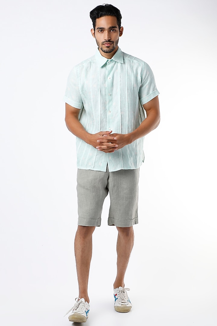 Aqua Blue Vintage Blossom Party Wear Shirt by Wendell Rodricks Men at Pernia's Pop Up Shop