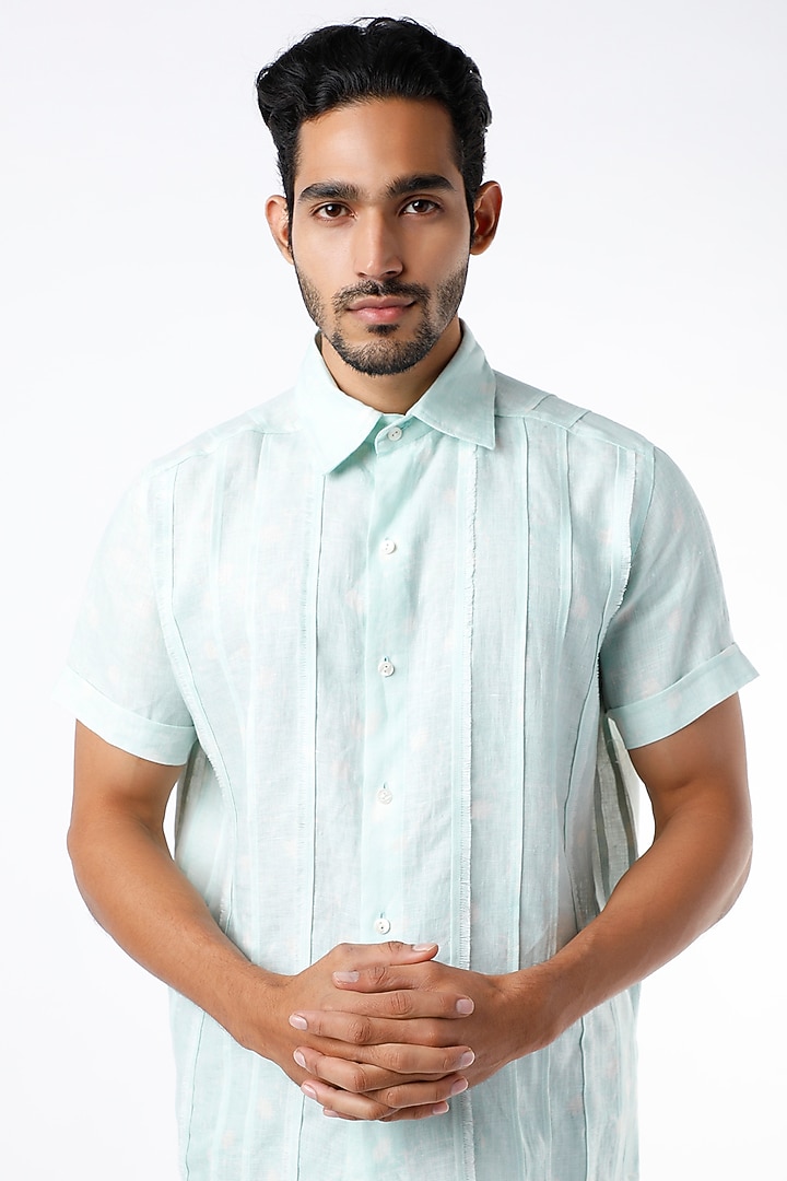 Aqua Blue Vintage Blossom Party Wear Shirt by Wendell Rodricks Men at Pernia's Pop Up Shop